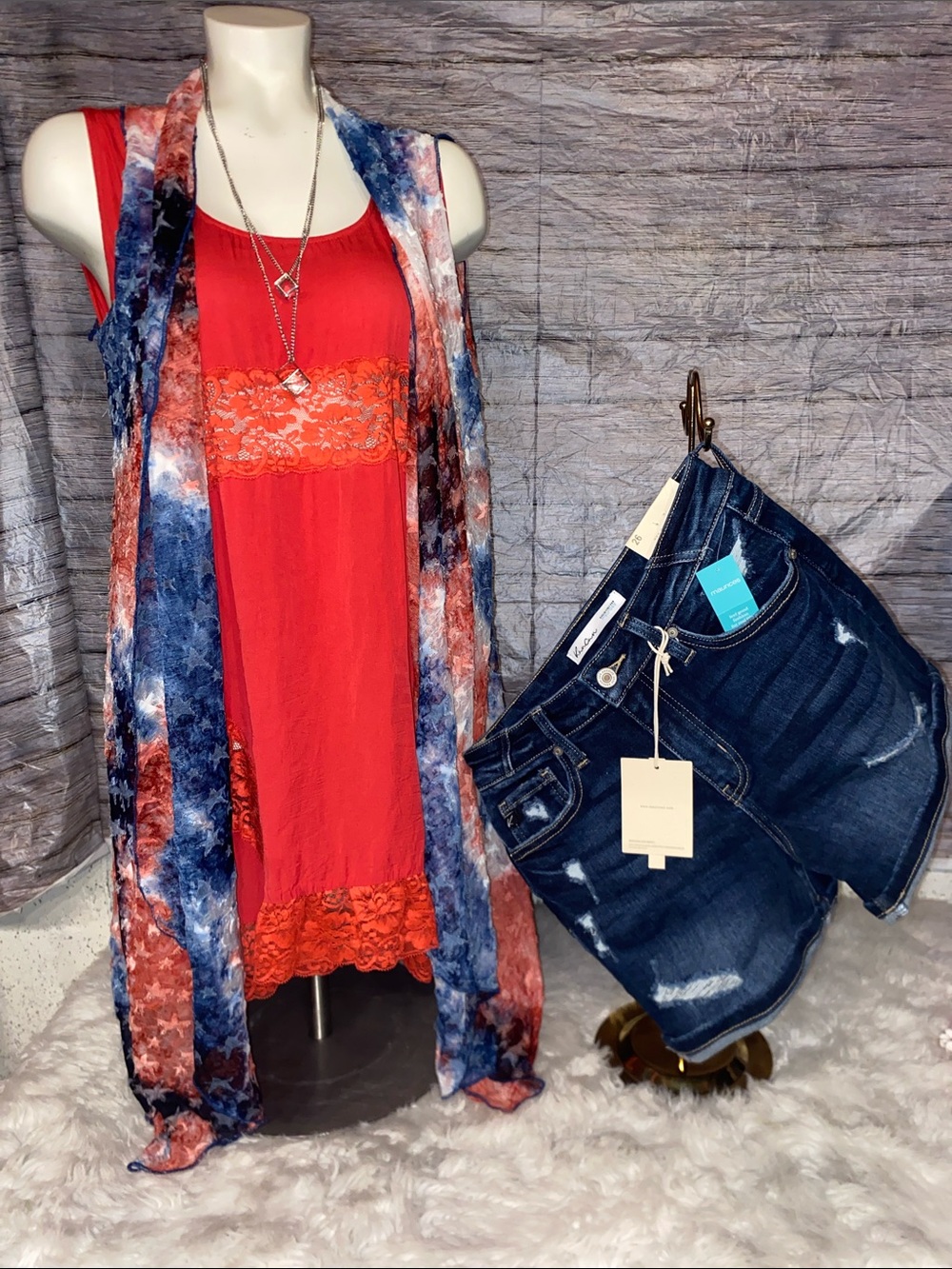 Easel Bright Red Lace Detail Tunic Tank Top